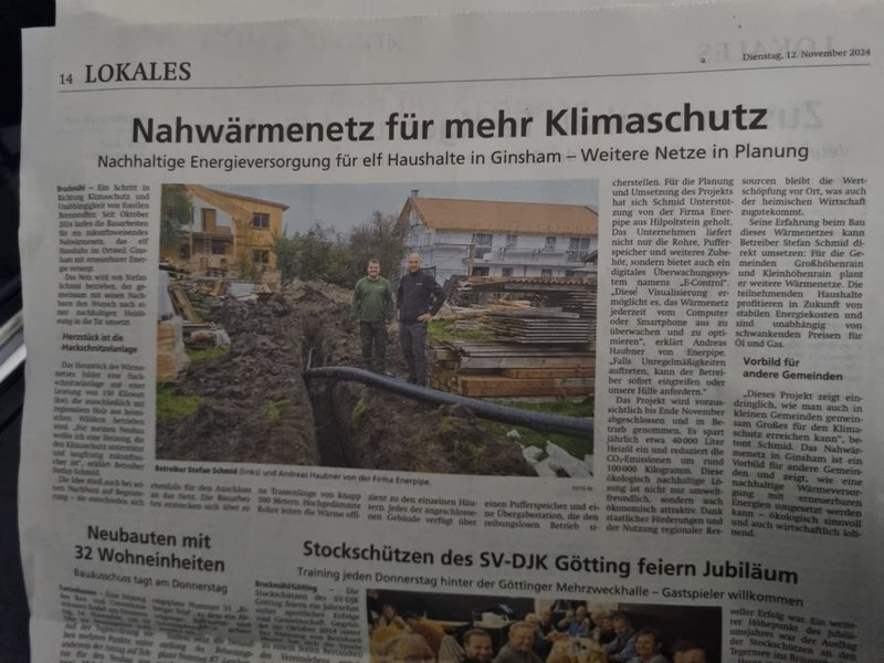 Zeitungsartikel für Nahwärmenetz in Ginsham von ENERPPIPE